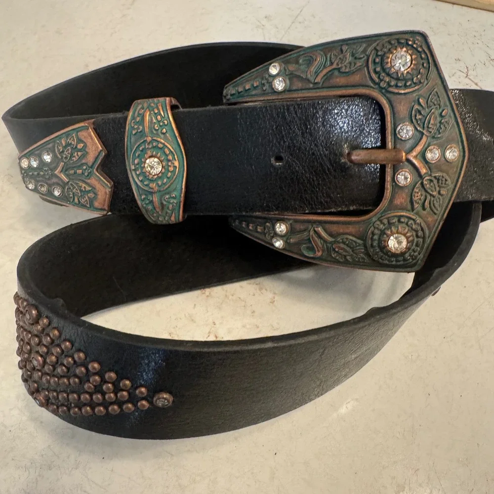 Steve Madden Leather Belt Women sz M Black Western Studded Rhinestone SM30566TJ